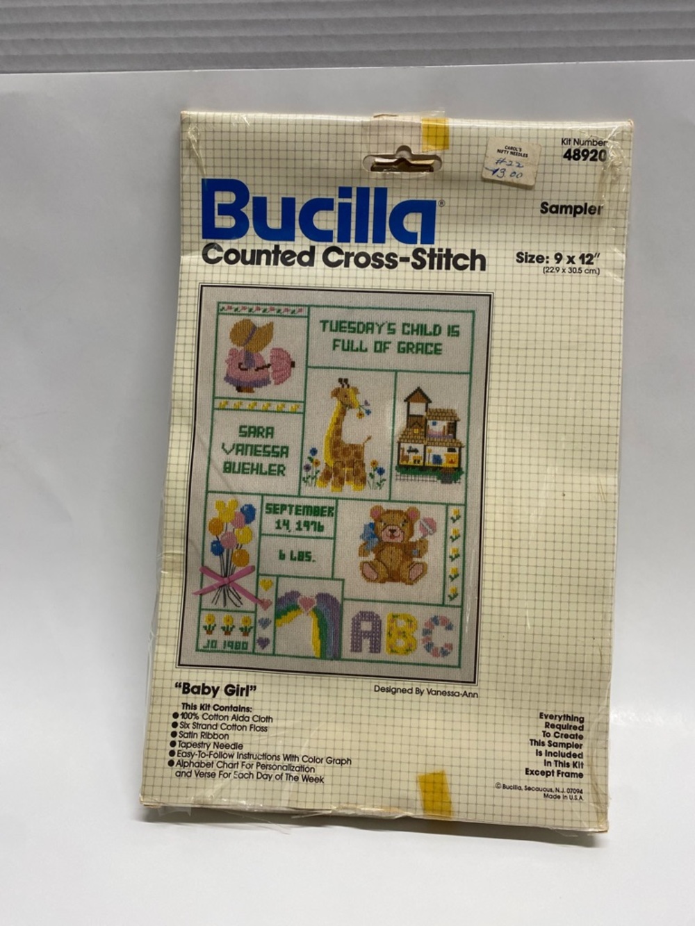 * Bucilla Counted Cross-Stitch Sampler "Baby Girl" - Pastel Pink & Yellow - Picture 1 of 8